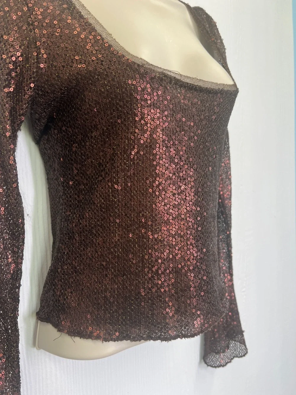 Free People - Late Night Disco Sequins Long Sleeve Fudge Brown Blouse Size Small